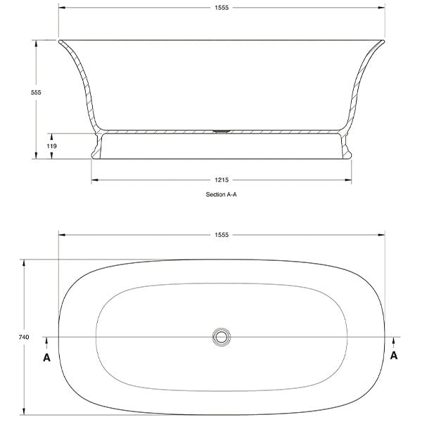 Turner Hastings Cambridge 156 TitanCast Freestanding Bath Technical Drawing - The Blue Space