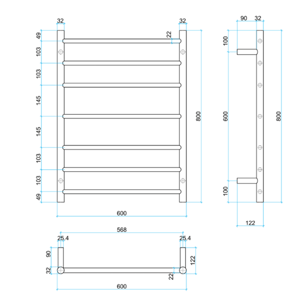 Thermogroup 12Volt Straight Round Ladder Heated Towel Rail Technical Drawing - The Blue Space