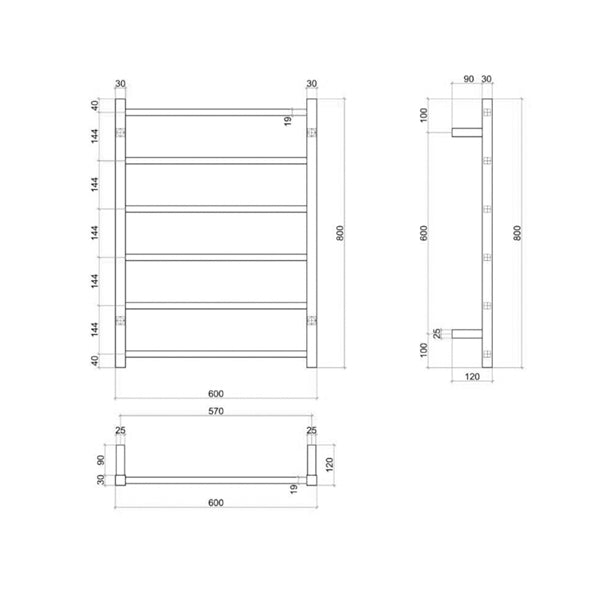 Thermogroup 6 Bar Thermorail Matte Black Straight Square Heated Towel Ladder Technical Drawing - The Blue Space