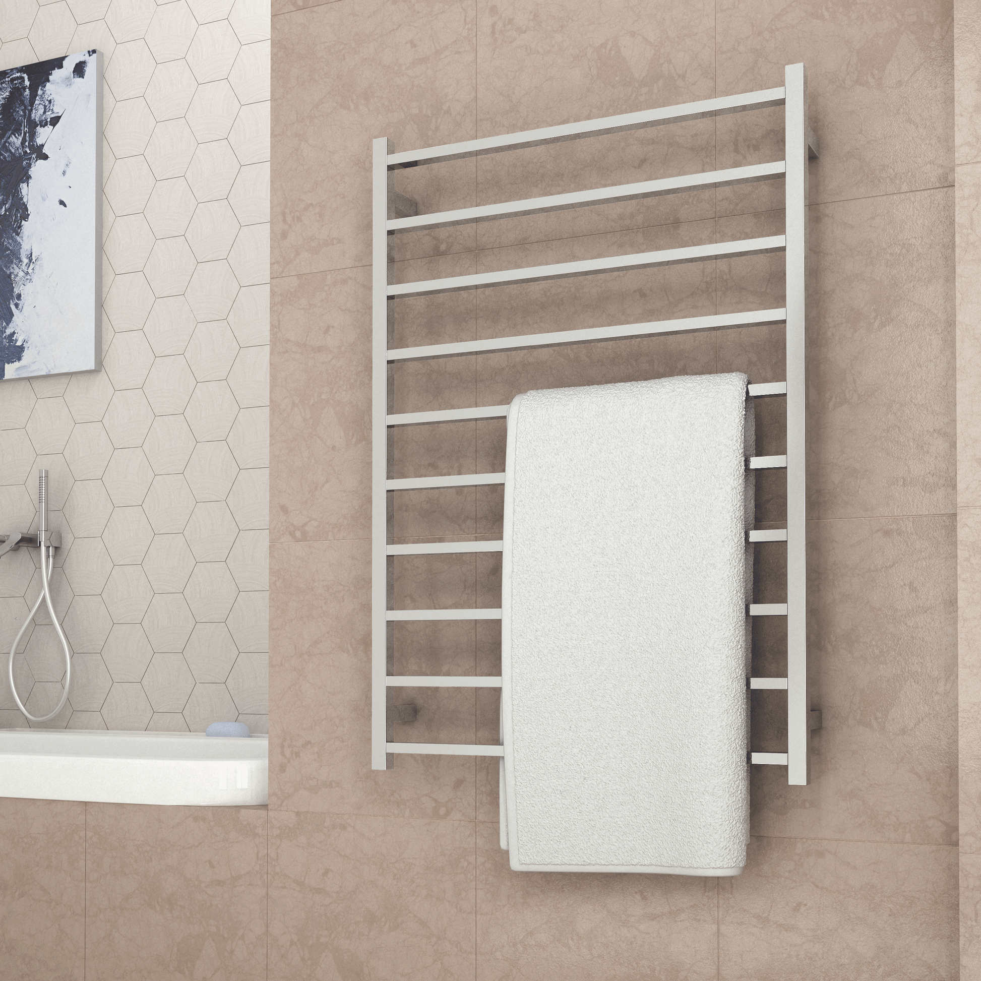 Thermogroup Thermorail Towel Rail in a Sandstone Coloured Bathroom. White Towel on heated towel rail