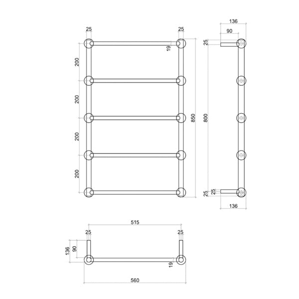 Thermogroup 5 Bar Thermorail Heritage Heated Towel Ladder Technical Drawing - The Blue Space