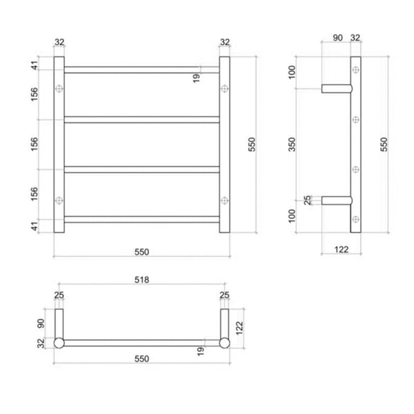 Thermogroup Thermorail Matte Black Straight Round Ladder Heated Towel Rail Technical Drawing - The Blue Space