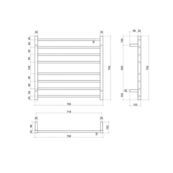 Thermogroup 8 Bar Thermorail Matte Black Straight Round Heated Towel Ladder Technical Drawing - The Blue Space