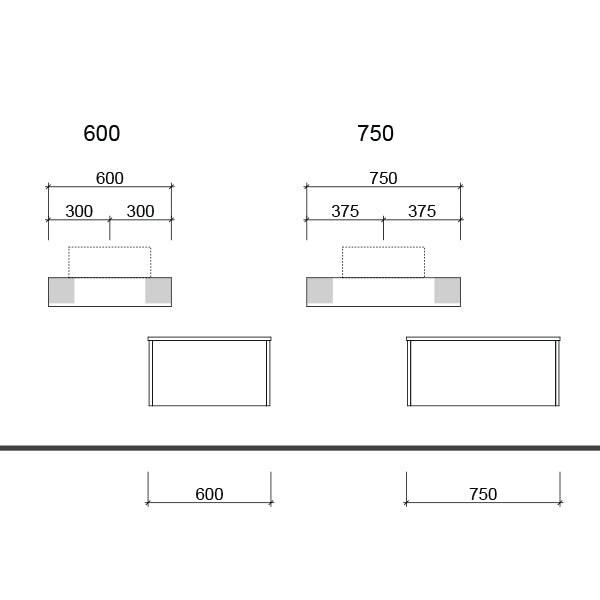 Technical Drawing - Timberline Milan Wall Hung Vanity with Basin 600mm-1800mm - The Blue Space