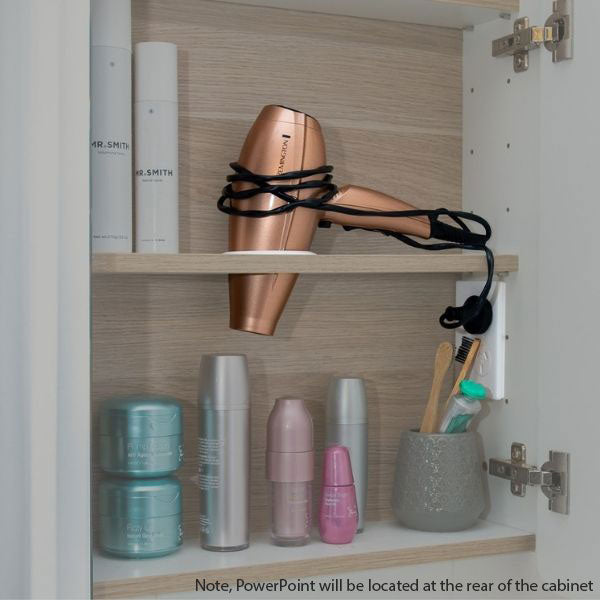 Sutherland House Collection Shaving Cabinet interior with optional Storage Queen Hair Dryer Storage & Power Point (Sold Separately)