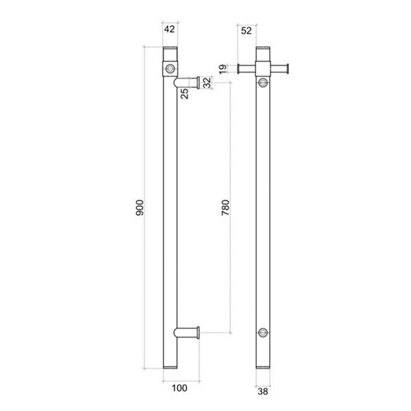Thermogroup Straight Round Vertical Single Bar Heated Towel Rail Technical Drawing - The Blue Space
