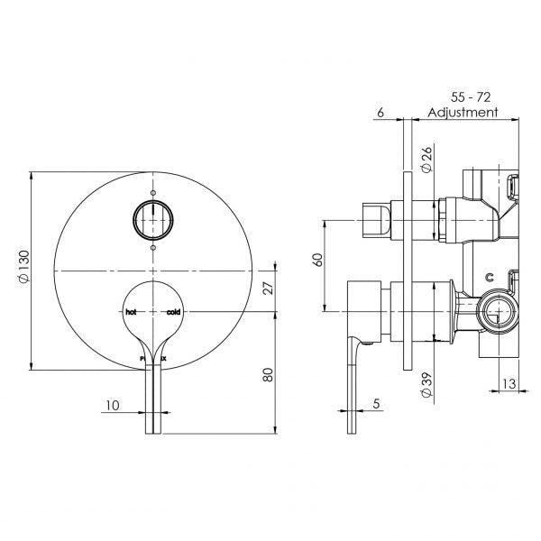Technical Drawing - Phoenix Vivid Slimline Oval Shower/Bath Diverter Mixer Brushed Gold