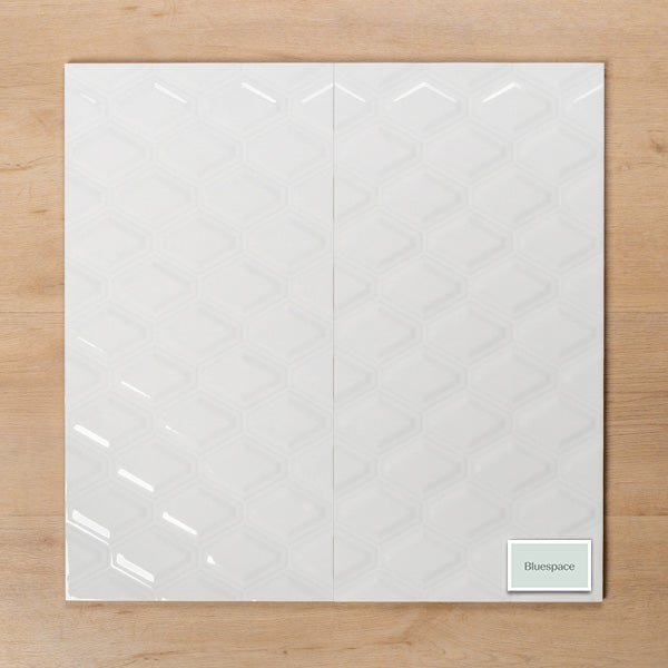 Hotham Diamond Embossed White Gloss Rectified Ceramic Tile 300x600mm Double - The Blue Space