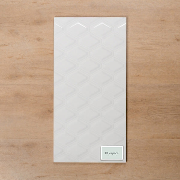 Hotham Diamond Embossed White Gloss Rectified Ceramic Tile 300x600mm - The Blue Space