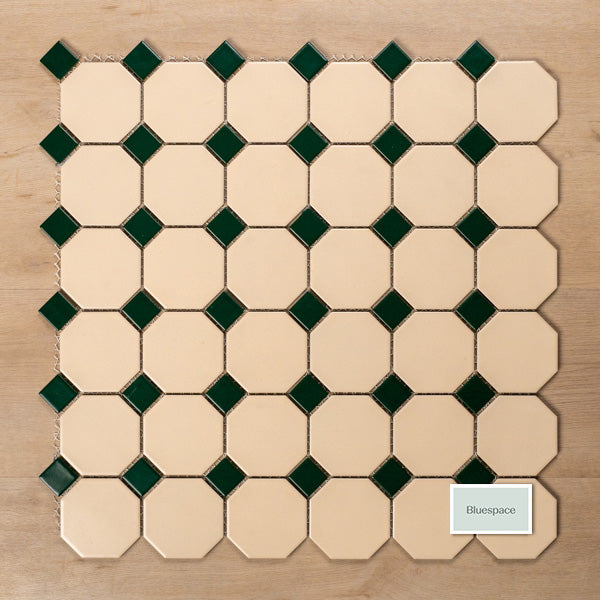 St Kilda Matt Cream Octagon with Green Dot Porcelain Period Mosaic Tile 97x97mm Straight Pattern - The Blue Space