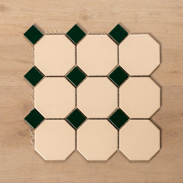 St Kilda Matt Cream Octagon with Green Dot Porcelain Period Mosaic Tile 97x97mm - The Blue Space