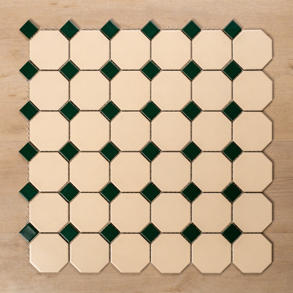 St Kilda Matt Cream Octagon with Green Dot Porcelain Period Mosaic Tile 97x97mm Straight Pattern - The Blue Space