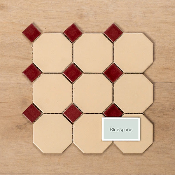 St Kilda Matt Cream Octagon with Burgundy Dot Porcelain Period Mosaic Tile 97x97mm - The Blue Space