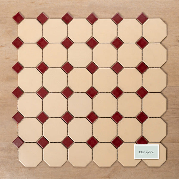 St Kilda Matt Cream Octagon with Burgundy Dot Porcelain Period Mosaic Tile 97x97mm Straight Pattern - The Blue Space