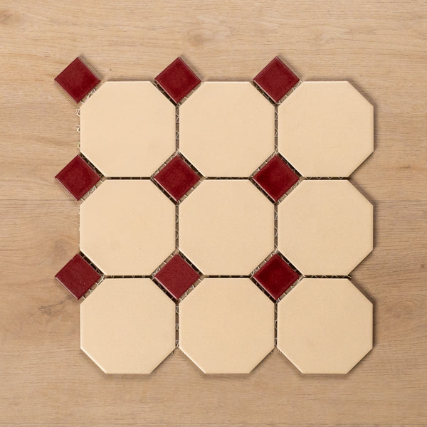 St Kilda Matt Cream Octagon with Burgundy Dot Porcelain Period Mosaic Tile 97x97mm - The Blue Space