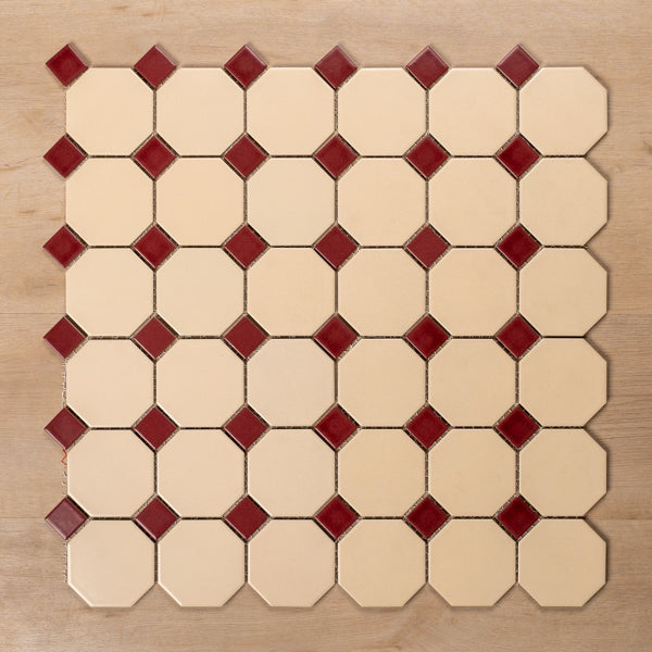 St Kilda Matt Cream Octagon with Burgundy Dot Porcelain Period Mosaic Tile 97x97mm Straight Pattern - The Blue Space