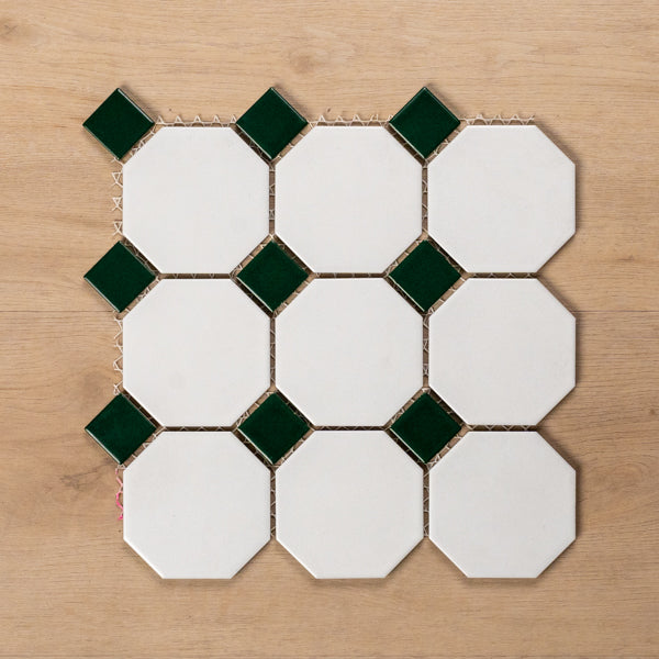 St Kilda Matt White Octagon with Green Dot Porcelain Period Mosaic Tile 97x97mm - The Blue Space