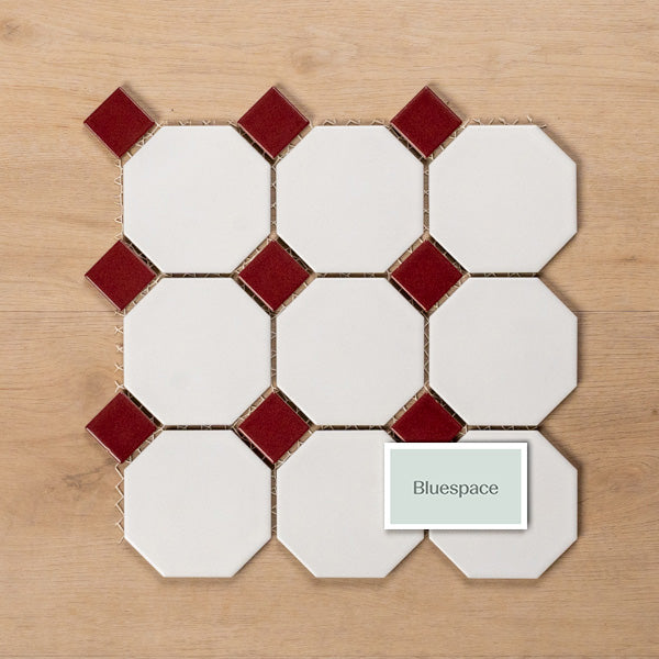 St Kilda Matt White Octagon with Burgundy Dot Porcelain Period Mosaic Tile 97x97mm - The Blue Space