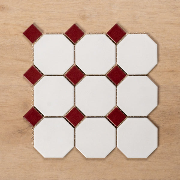 St Kilda Matt White Octagon with Burgundy Dot Porcelain Period Mosaic Tile 97x97mm - The Blue Space
