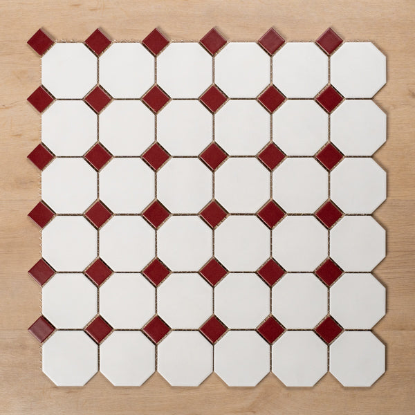 St Kilda Matt White Octagon with Burgundy Dot Porcelain Period Mosaic Tile 97x97mm