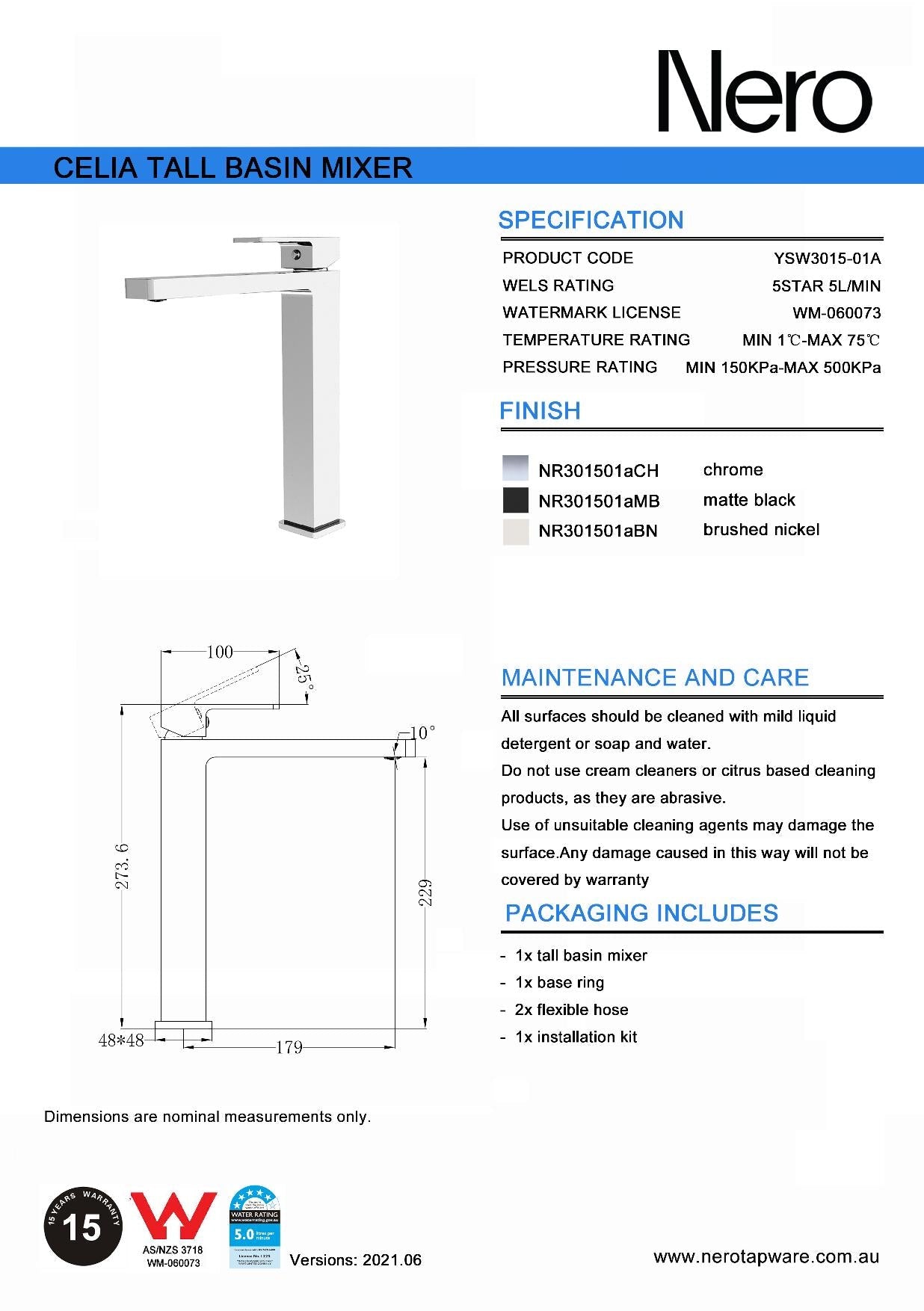 Technical Drawing: Nero Celia Tall Basin Mixer - Matte Black