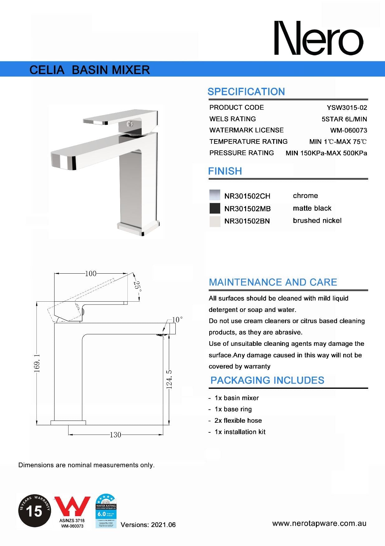 Technical Drawing: Nero Celia Straight Basin Mixer - Chrome