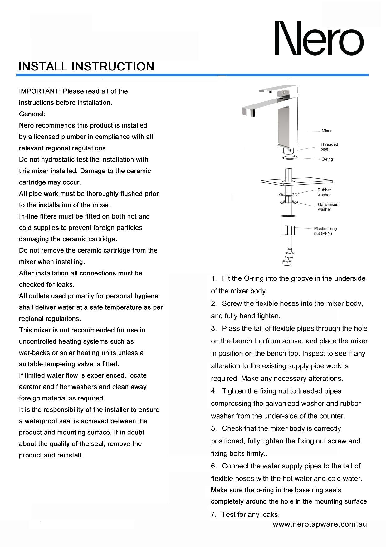 Install Instructions: Nero Celia Straight Basin Mixer - Chrome