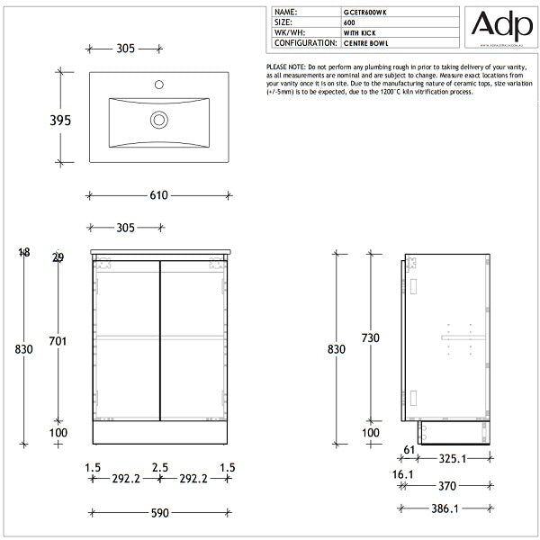 Techincal Drawing ADP Glacier Lite Ceramic Top Ensuite Trio Vanity 600mm- The Blue Space