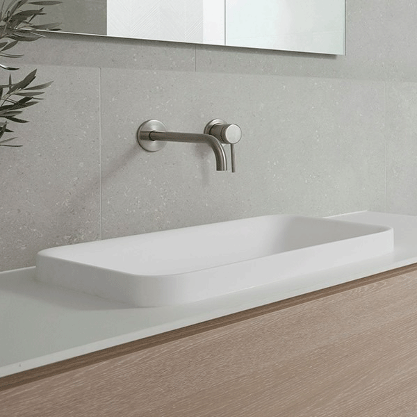 ADP Faith Solid Surface Basin White in coastal bathroom with brushed nickel finish taps