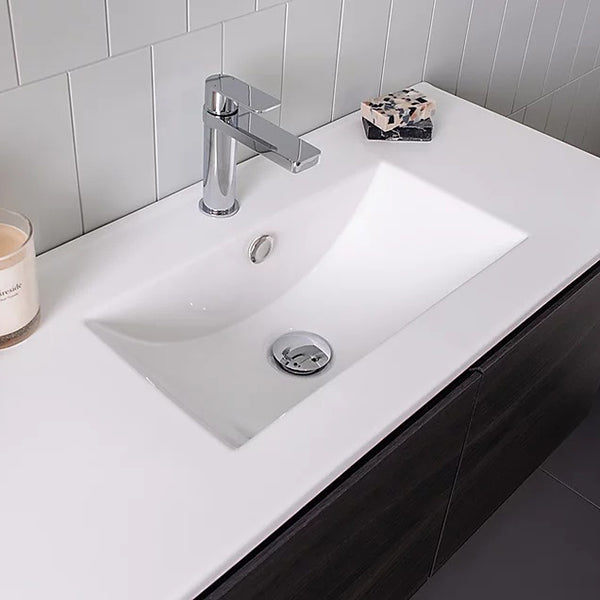 ADP Glacier Lite Ensuite Door & Drawer Slim 900mm Centre Bowl vanity in Bottega Oak finish with Ceramic top top view- The Blue Space