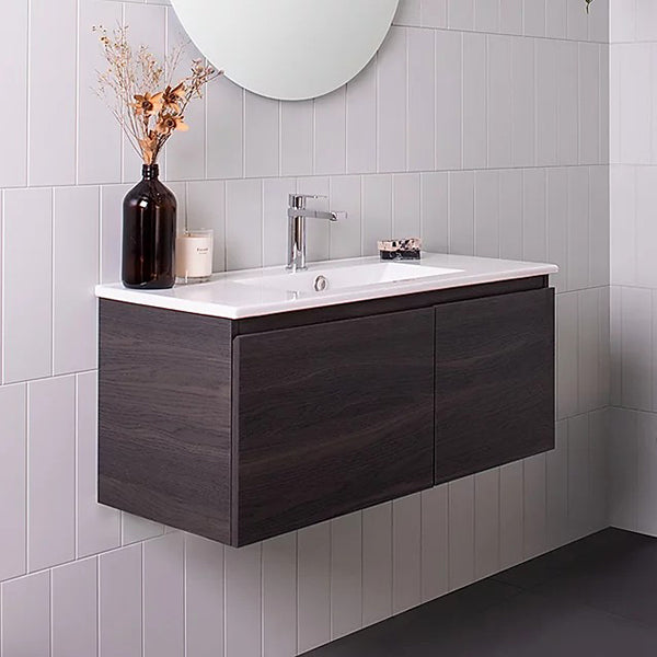 ADP Glacier Lite Ensuite Door & Drawer Slim 900mm Centre Bowl vanity in Bottega Oak finish with Ceramic top - The Blue Space