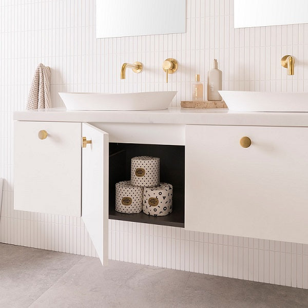 ADP Glacier Pro Full Depth, Door & Drawer Slim 1500 Double Bowl in Premium Graphite Interior Matte White polyurethane cabinet finish with Brushed Brass Cooper Knobs, 40mm Carrera Cherry Pie benchtop with Matte White Rise Semi-Inset basins | The Blue Space