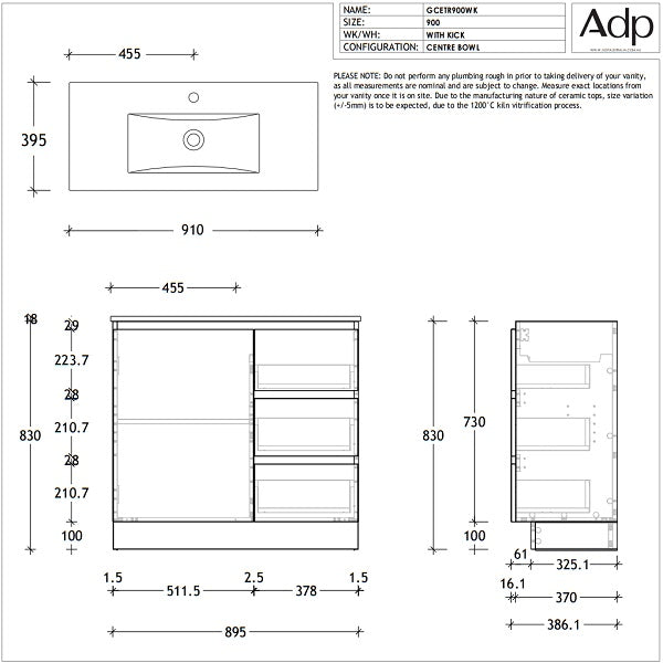Techincal Drawing ADP Glacier Lite Ceramic Top Ensuite Trio Vanity 900mm- The Blue Space