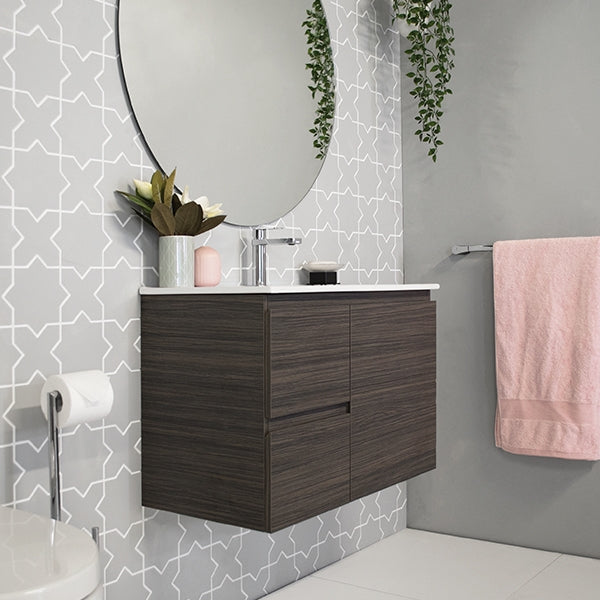 ADP Glacier Lite Ensuite Door & Drawer Slim 750mm Centre Bowl vanity with Ceramic Moulded top in Perugian Walnut cabinet finish side - The Blue Space