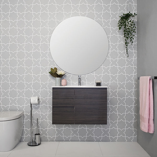 ADP Glacier Lite Ensuite Door & Drawer Slim 750mm Centre Bowl vanity with Ceramic Moulded top in Perugian Walnut cabinet finish - The Blue Space