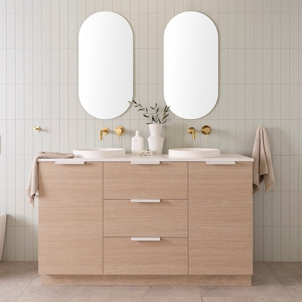 ADP Glacier Hamper Floor Mount 1500 Double Bowl in Coastal Oak Woodmatt cabinet finish with Matte White Francis handles, 20mm Frost Cherry Pie benchtop with Matte WHite Respect Semi-Inset basins closed up view | The Blue Space