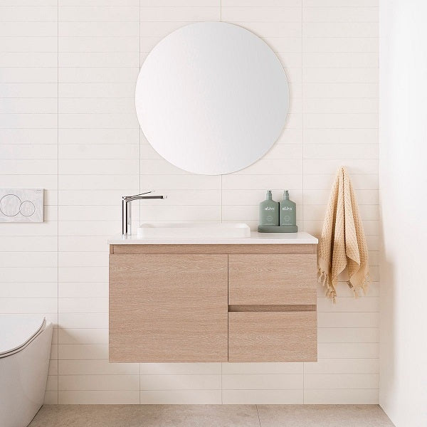 Glacier Pro Ensuite, Door & Drawer, Twin 900 Left Hand Bowl, Coastal Oak Woodmatt cabinet finish. 20mm Bright White Cherry Pie benchtop. Faith Semi-Inset basin | The Blue Space