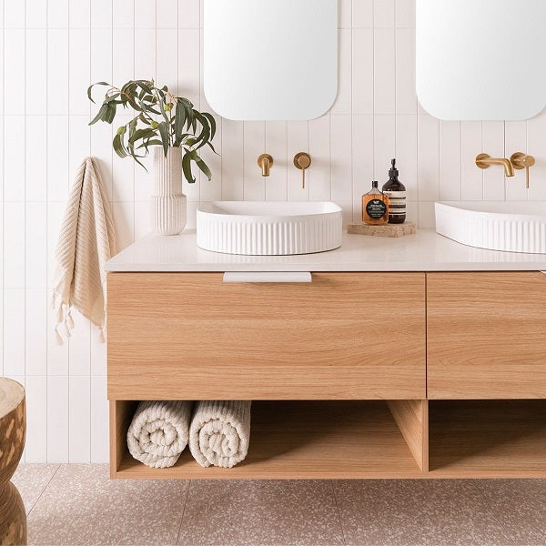 ADP Glacier Pro Shelf Slim 1500 Double Bowl in Elegant Oak Woodmatt cabinet finish with Matte White Francis handles, 20mm Organic White Caesarstone Benchtop and Arch Fluted Basins | The Blue Space