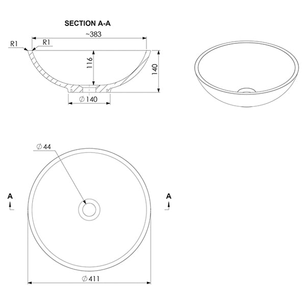 ADP Karma Above Counter Basin technical drawings