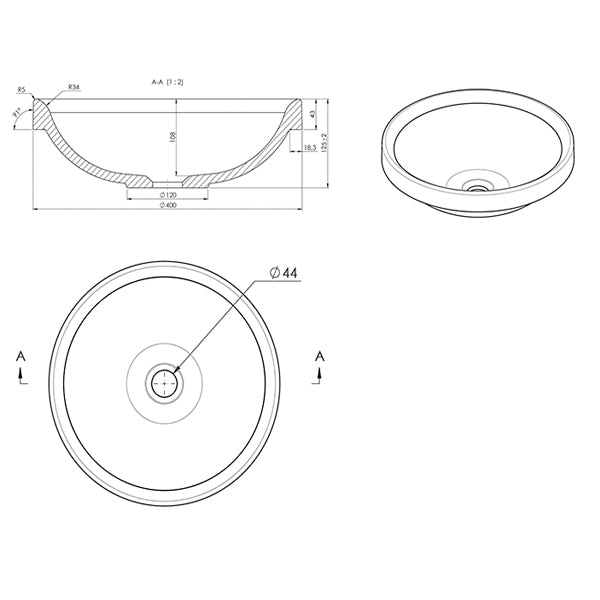 ADP Respect Semi Inset Solid Surface Basin product line drawings