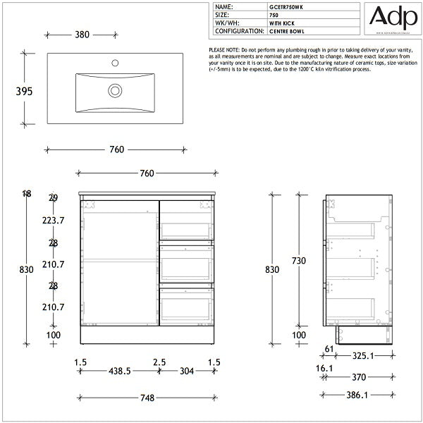 Techincal Drawing ADP Glacier Lite Ceramic Top Ensuite Trio Vanity 750mm- The Blue Space