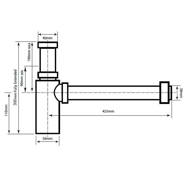 Turner Hastings Aurora Adjustable Brass 40mm Bottle P Trap-Matte Black Technical Drawing