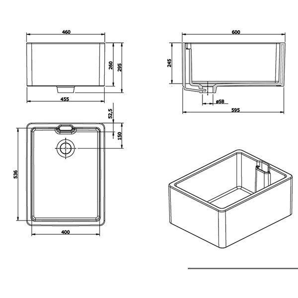 Turner Hastings Belfast Flat Front Fine Fireclay Butler Sink Technical Drawing - The Blue Space