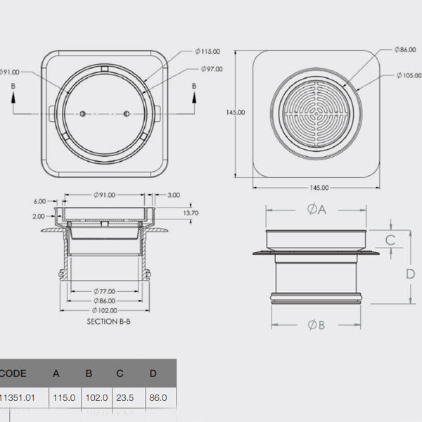 Technical Drawing - Bounty Brassware Bermuda Mega Round 100mm Waste - Chrome