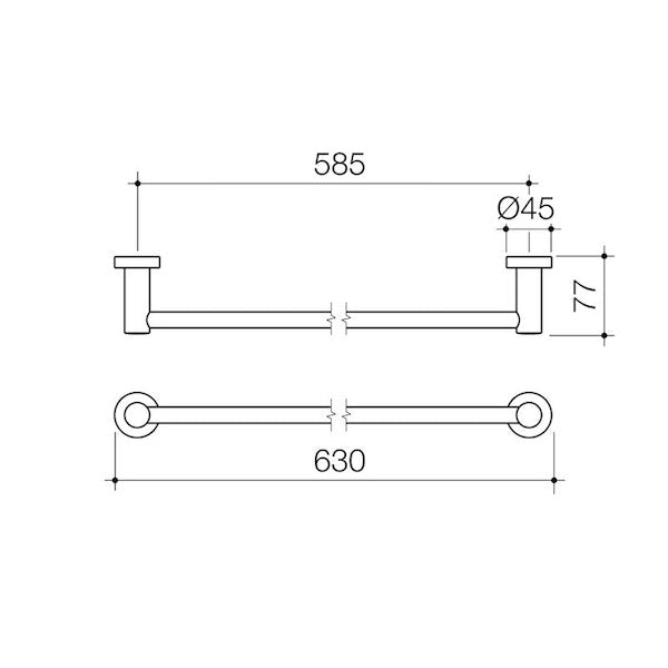Caroma Cosmo Metal Single Towel Rail Technical Drawing - The Blue Space