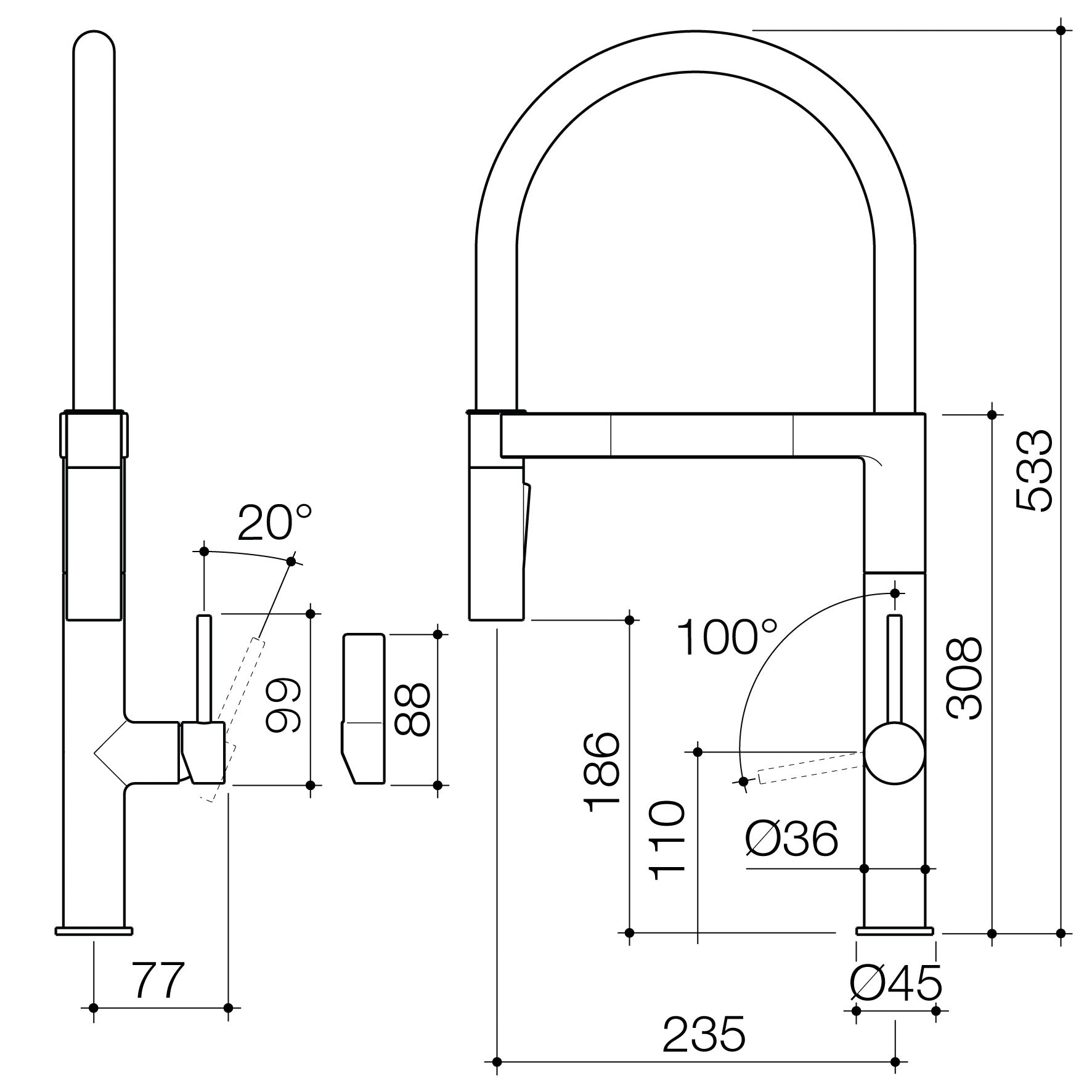 Technical drawing of Liano II Pull Down Sink Mixer by Caroma -
