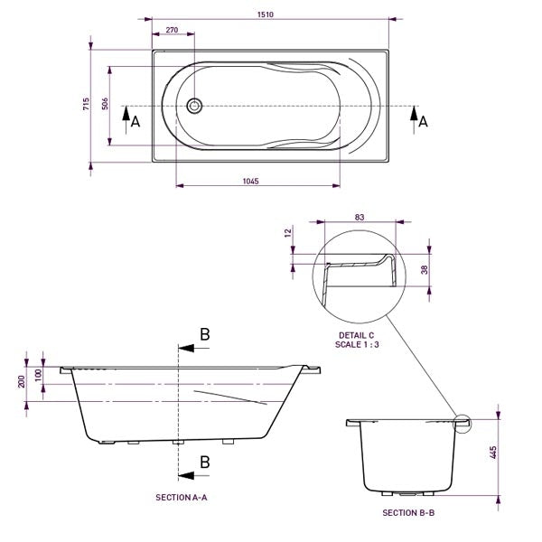 Decina Adatto Santai Spa Bath 1510 dimensions line drawing