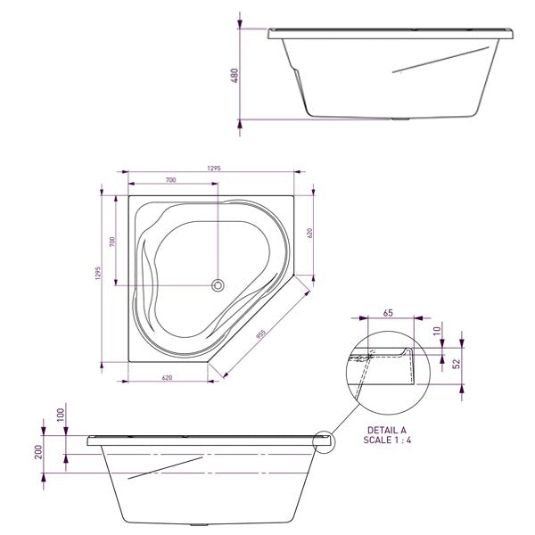Decina Angelique Contour Spa Bath with Jets line drawing 1295