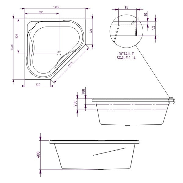 Decina Angelique Contour Spa Bath with Jets line drawing 1465