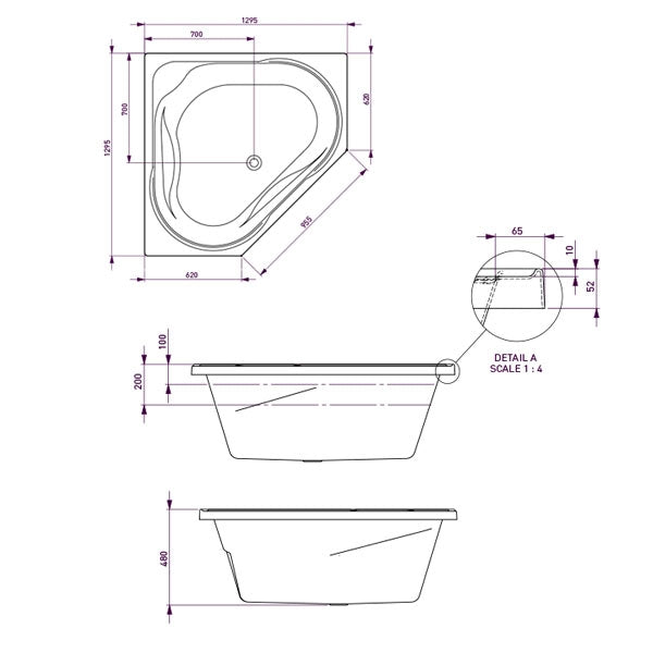 Decina Angelique Santai Spa Bath dimensions line drawing 1295
